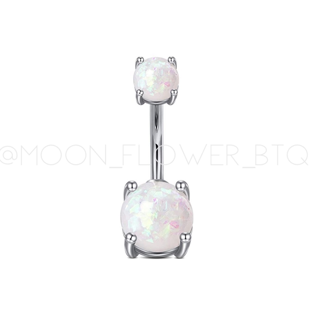Iridescent White Opal Belly Button Ring Surgical Steel Navel Barbell 14g